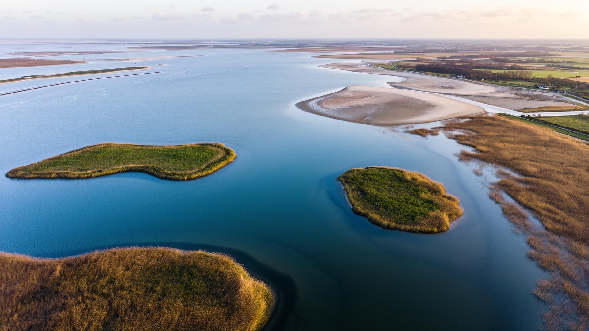 Aerial view of Grevelingenmeer with islands and turquoise water