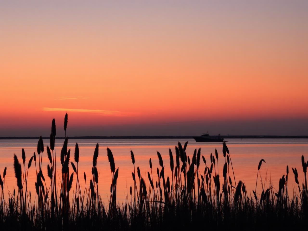 Sunset over Grevelingenmeer with reeds in the foreground