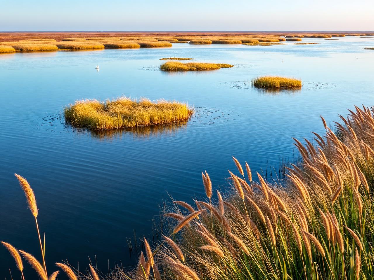 Zeeland nature at Grevelingenmeer — reeds, calm water, water birds at sunset